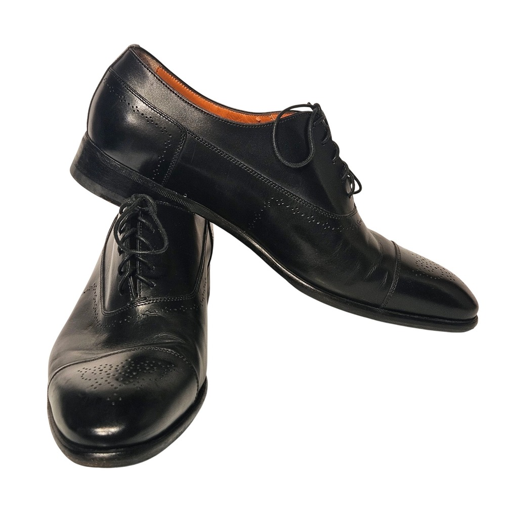 Santoni Cap Toe Oxford Men 10 Black Leather Brogue Dress Shoe 462463